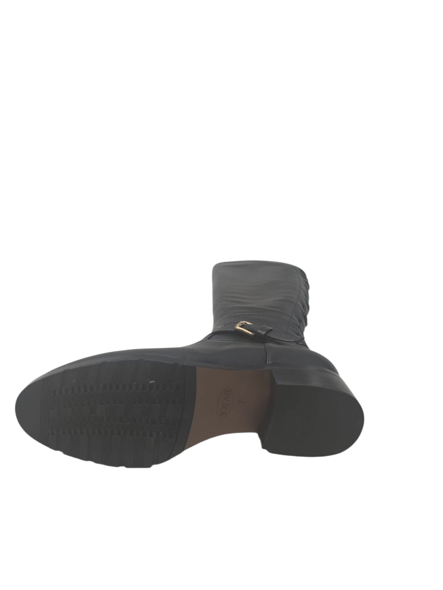 SoleMani Chelsea – Slim Calf Tall Leather Boot with Back Lace Detail and Gold Buckle